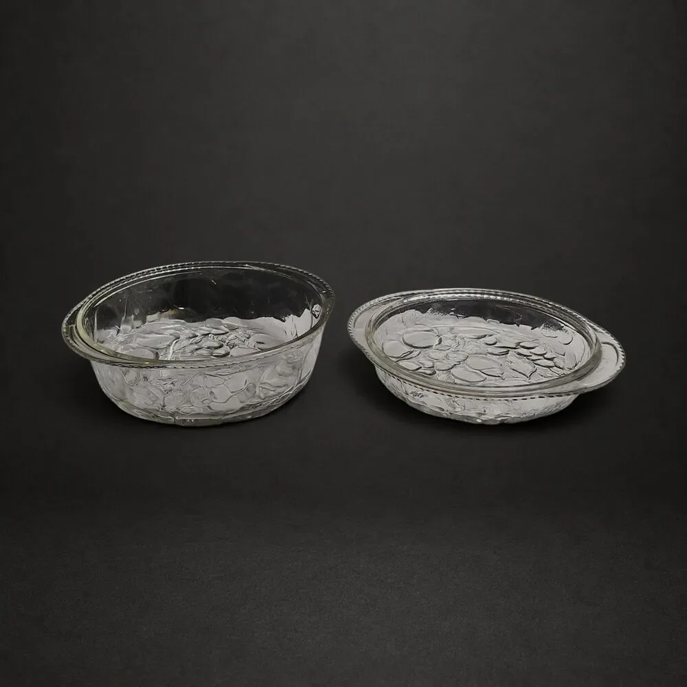 Vintage Libbey Orchard Embossed Nesting Glass Casserole Dish & Pie Pan Set